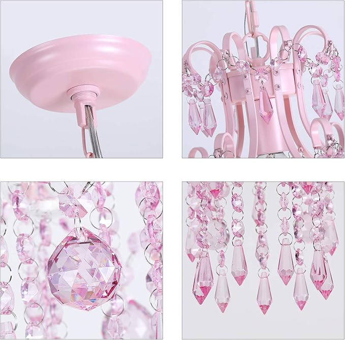 Q&S Mini Crystal Chandelier, Modern Pink Chandelier,Small Hanging Light Fixture for Princess Room Dressing Room Bathroom Clothing Store Salon W11.8 1 Light E26. UL Listed