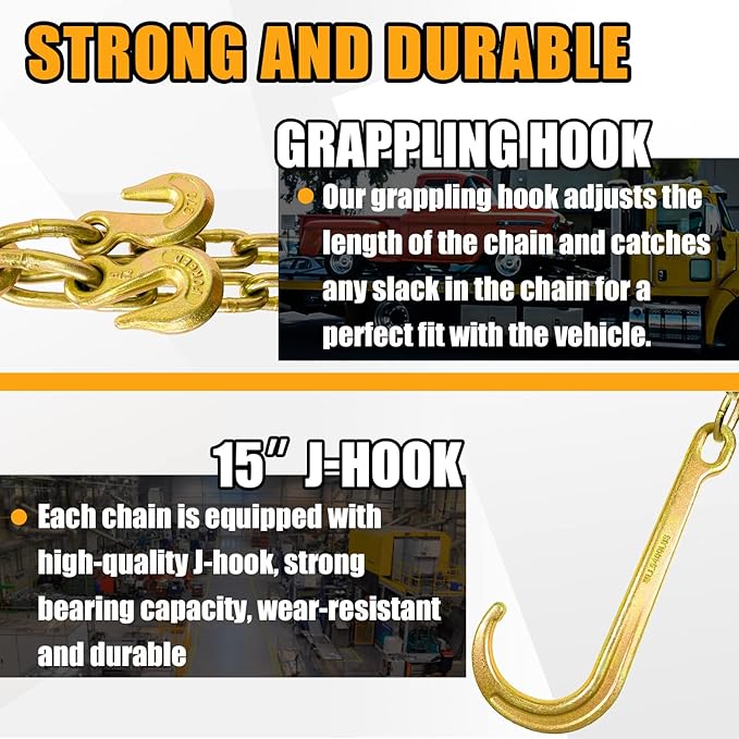 Grade 80 Chain V-Bridle | 5/16In x 2Ft Towing Chains Bridle with J Hooks and Grab Hooks | Tow Chain 5,400LBS Safe Working Load | for Flatbed Truck Rollback Wrecker Carrier