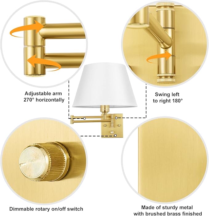 TRLIFE Dimmable Wall Sconce Plug in, Brushed Brass Wall Sconces Set of 2 Swing Arm Wall Lights with Plug in Cord and Dimmer On/Off Knob Switch, 11.8" Large White Fabric Shade(2 LED Bulbs Included)