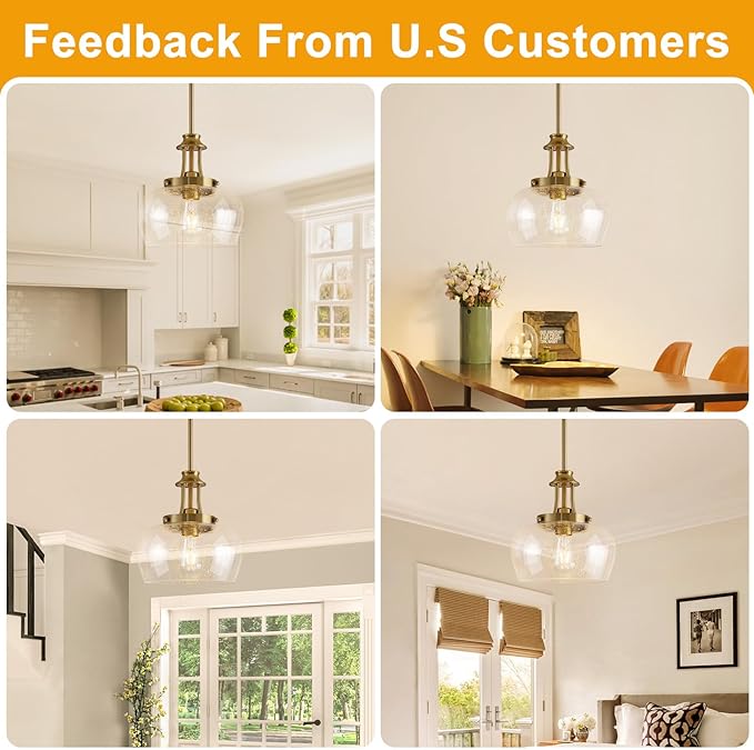 Modern Pendant Lights Kitchen Island, Brushed Gold Pendant Light Fixtures with 10" Clear Air Bubble Glass Shade, Industrial Hanging Pendant Lights Fixture for Kitchen Island Dining Room Entryway