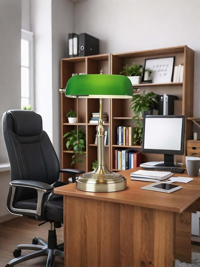 Glass Bankers Desk Lamp with Pull Chain Switch Plug in Fixture (Green-Simple, Simple Style)