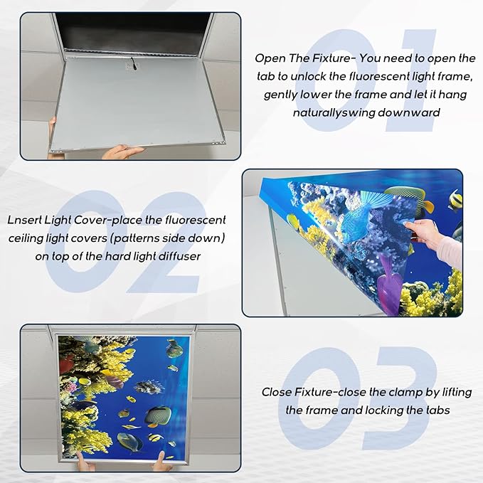 Amylove 4 Pcs Fluorescent Light Covers Classroom Ceiling Panels Light Filters with Backlit Film Material for Office School, 4 x 2 Feet(Novel Color,Ocean)