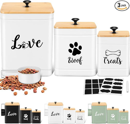 Jingmore Metal Dog Treat Containers Set of 3 with Bamboo Lids and Spoon Airtight 7+3+2 lbs Dog Food Snack Jars with DIY Labels Big Pet Cookie Storage Jar for Kitchen Counter(White,Modern)