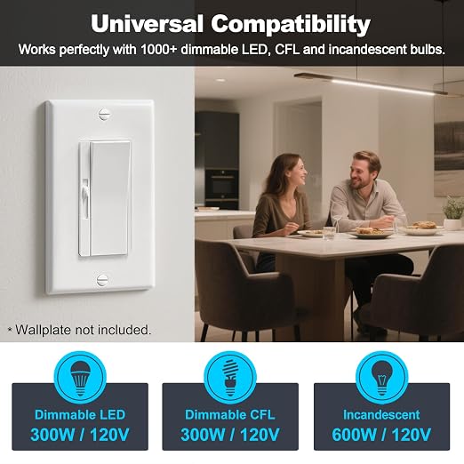 BESTTEN 24 Pack Super Slim Dimmer Light Switch for 300W Dimmable LED/CFL Lights and 600W Incandescent/Halogen, Single Pole/3-Way LED Slide Dimmer, ETL Listed, White