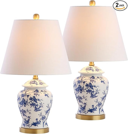 JONATHAN Y 22" Blue/White Ceramic Table Lamp, French Country Chinoiserie Ginger Jar LED Bedside Lamp for Living Room Bedroom, White Linen Shade (JYL3005A-SET2)