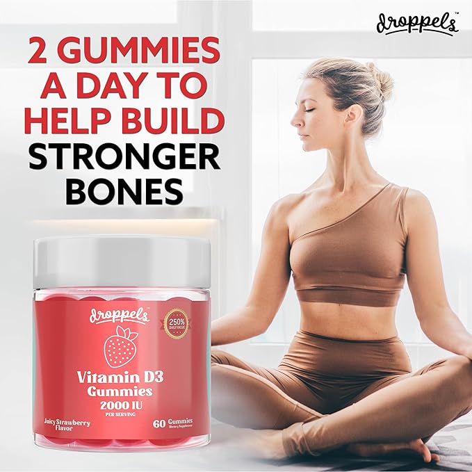Droppels Vitamine D3 Gommes 2000 UI – Force supplémentaire, Végétarien, Vitamine D en Gommes à base de Pectine Végétale pour la Santé des Os – Saveur Fraise juteuse, 60 Unités (Approvisionnement d'1 Mois)