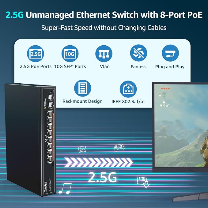 YuanLey 10 Port 2.5G PoE Switch Unmanaged, 8 x 2.5G Base-T PoE Ports, 2 x 10G SFP, IEEE802.3af/at, 120W, Compatible with 100/1000/2500Mbps, Metal Fanless, VLAN, Rack Mount 2.5Gbe Network Switch