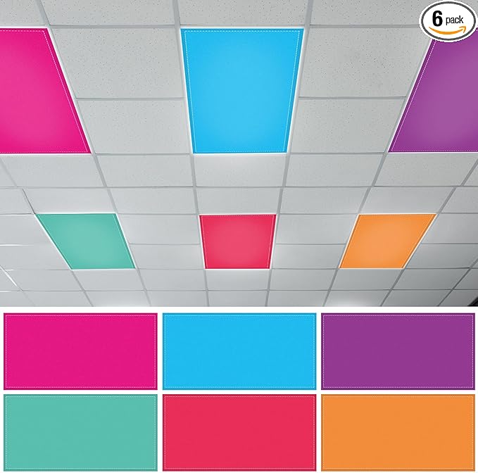 QOUBAI 6PCS Fluorescent Light Covers, 4x2 Feet Magnetic Light Cover Fluorescent Lights Shade Panel Positive Inspirational Ceiling Lights Filters for Office Classroom Home Drop Ceiling Rainbow