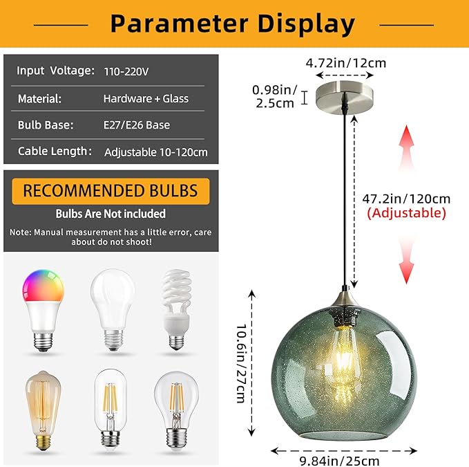 Modern 2-Pack Glass Globe Pendant Lights, Gray Green Modern Pendant Lighting for Kitchen Island, Glass Hanging Lamps for Dining Room Living Room Bedroom, Large 9.85 Inch Fixture (Bulbs Not Included)