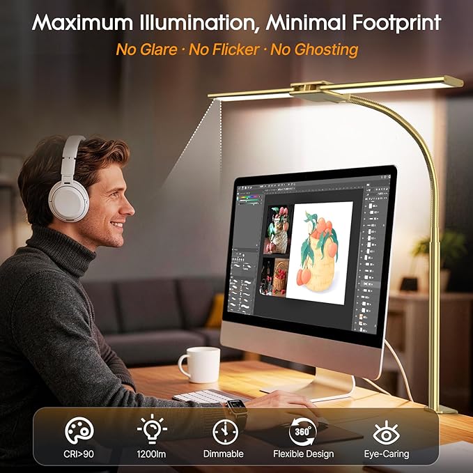 Syrinx LED Desk Lamp for Office Home, Dual Head Eye-Care Architect Table Lamp, Gesture/Wired Control, Flexible Neck, Bright Desk Light with Memory/Timer, 50 Lighting Modes for Study, Drafting, Gold