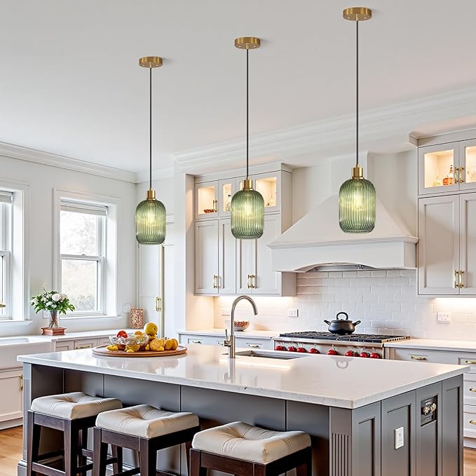 2 Pack 11"-70" Height Adjustable Pendant Lights with Vintage Green Ribbed Glass Lampshade, Brushed Gold Pendant Lights Fixtures for Kitchen Island Lighting Sink, Dining Room (Bulbs Not Included)