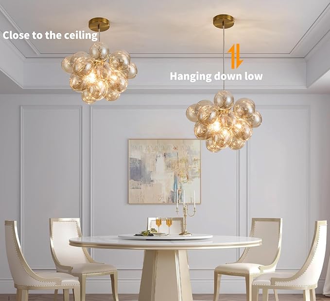 Surpars House Cognac Bubble Ball Chandelier, Modern Glass Ceiling Light, 4 Lights Pendant Lighting Fixture for Bedroom,Livinng Room,Dining Room
