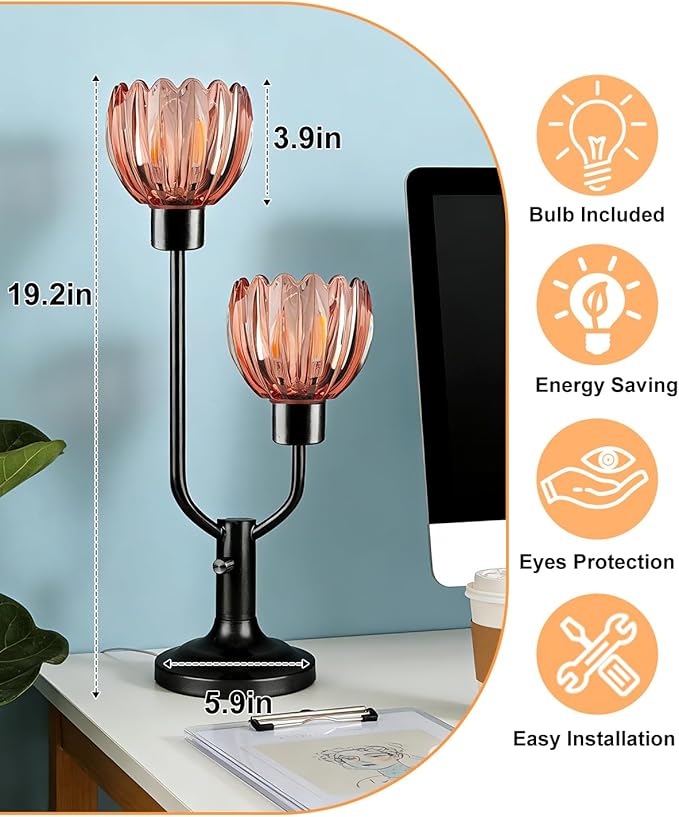 Lightdot Mid Century Modern Flower Table Lamp for Living Room Dimmable Nightstand Lamp Red Glass Vintage Black Desk Lamp 2 Bulbs Included Warmwhite Ambient Bedside Lamps for Bedroom Home Office Decor