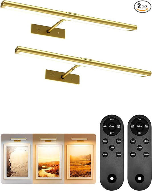EZVALO Picture Light for Wall, 4800mAh Rechargeable Wireless Remote, Dimmable Magnetic LED Art Display Light with 3 Color Temperatures, for Gallery, Living Room, Bedroom, Hallway (Gold-2Pack)
