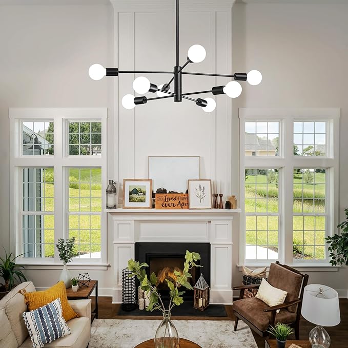 KAISITE Modern Chandelier Sputnik Ceiling Light Fixture Black Chandelier for Bedroom Living Room 8-Light Height Adjustable Dining Room Farmhouse Chandelier Over Table Ceiling Hanging Kitchen Lighting