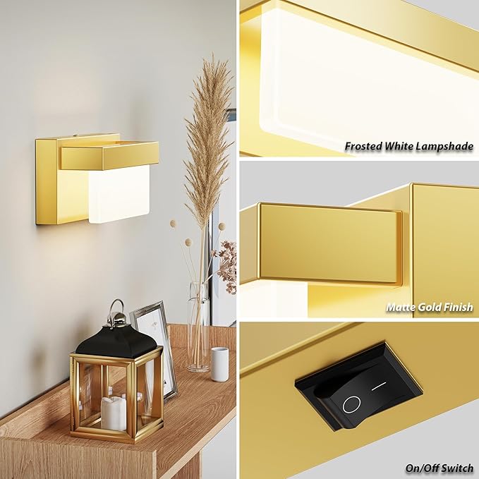 Switched LED Wall Sconce Set of 2, Indoor 8 inch 12 Watt 4000K Wired Gold Wall Mounted Sconce Light with On/Off Switch, Frosted Arcylic Shade Sconces for Bedroom Living Room Bathroom Kitchen Hallway