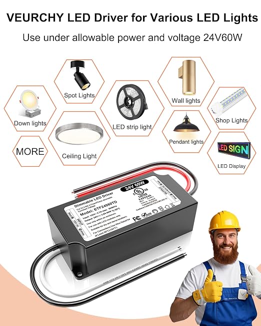 24V Dimmable LED Driver 60W, UL Listed DC 24V Triac ELV/MLV LED Dimmable Power Supply Compatible with Lutron & Leviton Switches 60 Watt LEDs Transformer 24 Volt for Strip Cabinets Light