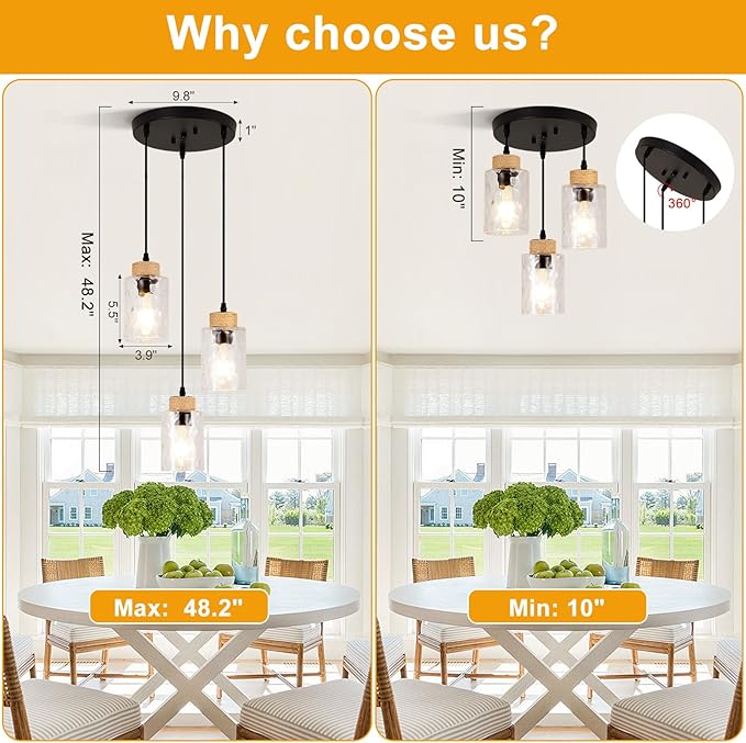 3-Light Pendant Light Fixtures, Black Pendant Lights Kitchen Island, Adjustable Pendant Lighting with Clear Hammered Glass Shade, Modern Hanging Light Fixtures for Dining Room, Hallway, Living Room