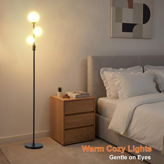 Fiqevs Upgraded Dimmable 3 Globe Mid Century Modern Floor Lamp, 3 x 3000K Warm Light LED Bulbs Included, Matt Black Standing Lamp with Sphere Glass Shade, Vintage Tall Lamp for Living Room, Bedroom