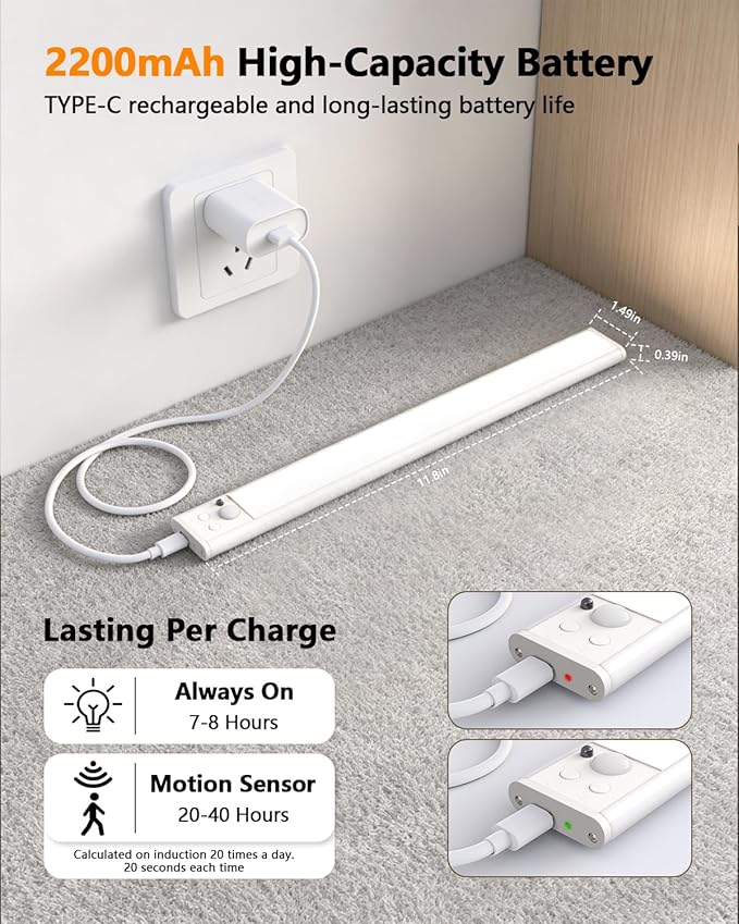 long-stars Motion Sensor Under Cabinet Lighting, 1500mAh Rechargeable RGB Light Bar with Remote, 15 Colors Dimmable LED Night Light, Timer & Wireless for Kitchen Counter, 4 Pack
