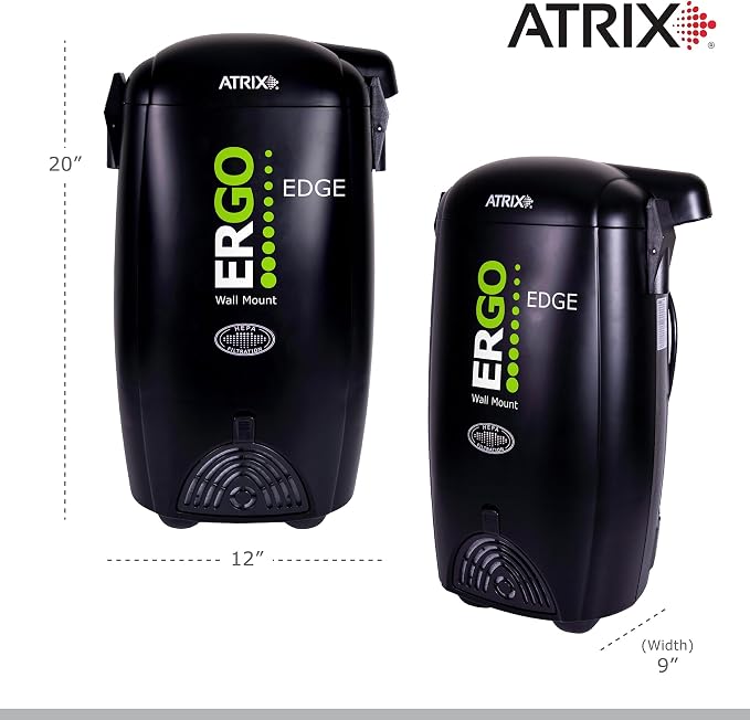 Atrix Ergo Edge Canister Shop Vac-Wall Mounted Garage Vacuum Cleaner with Built-in Dust Bag & Extendable Hose-Compact Black Design, 20 x 9 x 12