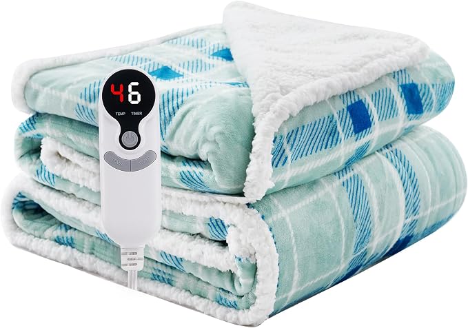 Electric Heated Blanket 72"x84" Full Size, Dual-Sided Flannel & Sherpa, 9 Heat Settings & 1-10H Auto Off, Soft Warm for Home Office Bed Couch, Machine Washable, Ideal Winter Gift, Mint Green