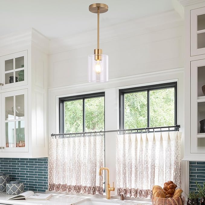 Brass Pendant Light for Kitchen Island 1 Pack, Modern Gold Hanging Light with Adjustable Rod, Farmhouse Brass Pendant Lighting for Dining Room Sink, Brass Rod Ceiling Hanging Light Fixture