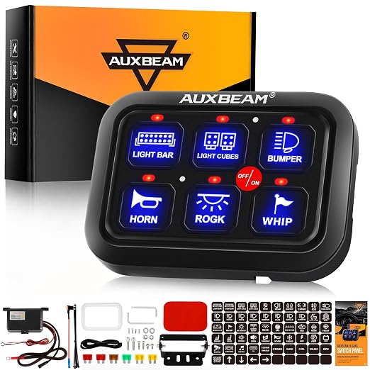 Auxbeam 6 Gang Switch Panel BC60, Universal Circuit Control Relay System Box with Automatic Dimmable On-Off LED Switch Pod Touch Switch Box for Car Pickup Truck UTV ATV Boat, 3 Years Warranty, Blue