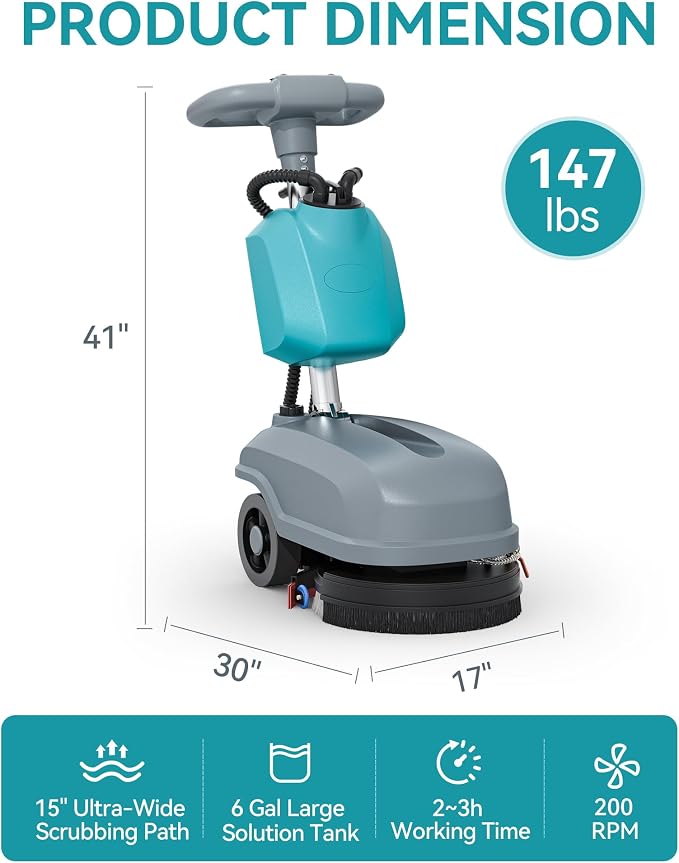 C3 15" Walk-Behind Commercial Floor Scrubber Machine, 500W Motor | 6 Gal Recovery Tank | 23" Suction Width | Brush Speed 200 RPM | 24,000 Sqft/h Coverage | Complete Set of Parts.