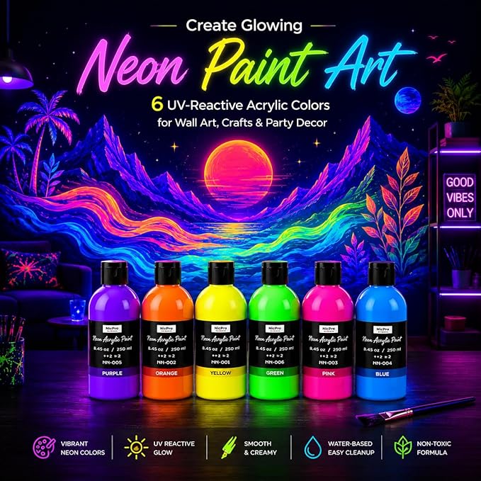 Nicpro 6 Colors Fluorescent Acrylic Paint Set (8.45 oz), Glow in the Black Light, Non-Toxic & Vibrant Neon Paint for Neon Party Decoration, DIY Project on Multi-Surface, Canvas, Rock, Wood, Craft