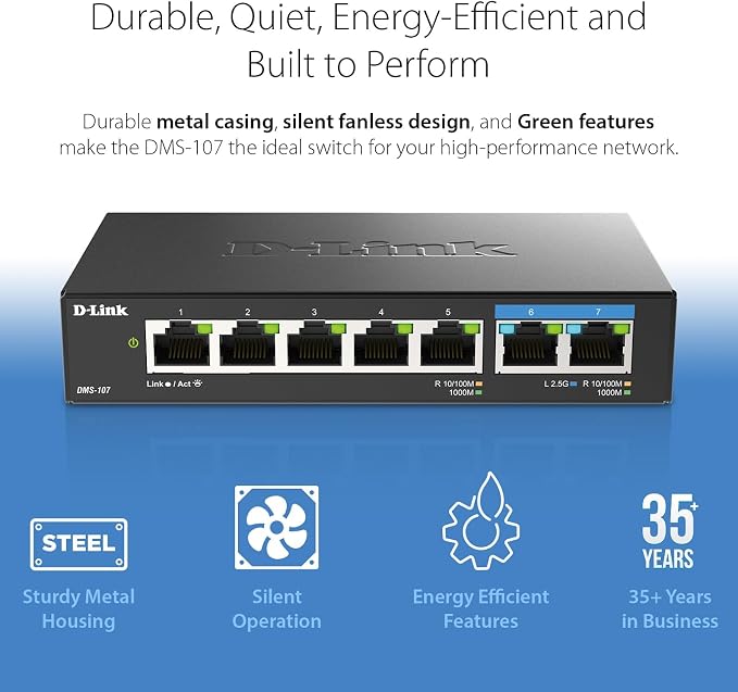 D-Link 7-Port 2.5GB Unmanaged Gaming Switch with 2 x 2.5G, 5 x 10/100/1000 Mbps - Multi-Gig, Network, Fanless, Plug & Play (DMS-107) Black