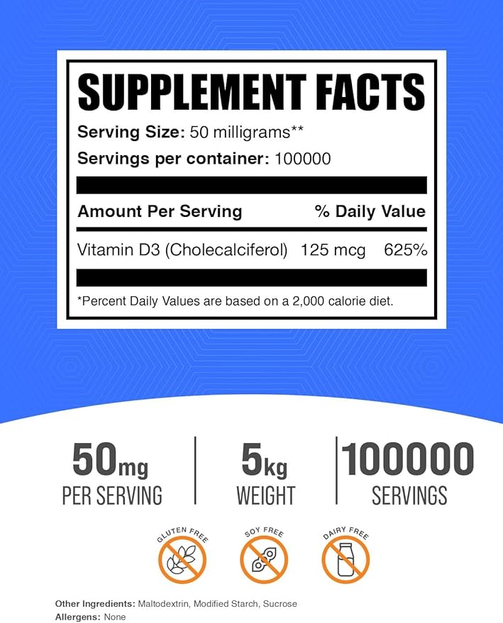 BulkSupplements.com ビタミンD3パウダー - コレカルシフェロール、ビタミンDサプリメント、ビタミンD3 5000 IU - グルテンフリー、1食分あたり50mg（ビタミンD3 125mcg）、5kg（11ポンド）（5個パック）