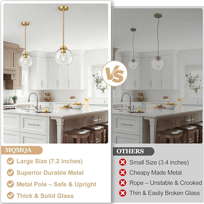 1 Pack 22"-50" Height Adjustable Glass Pendant Lights Kitchen Island, Globe Brushed Gold Pendant Lights with Clear Glass Shade, Mid Century Pendant Light Fixtures Kitchen Pendant Lighting over Island