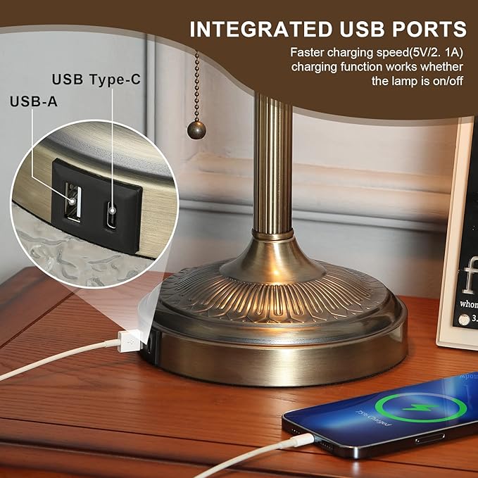 Green Glass Bankers Desk Lamp with Pull Chain Switch Plug in Fixture,USB Fast Charging Port