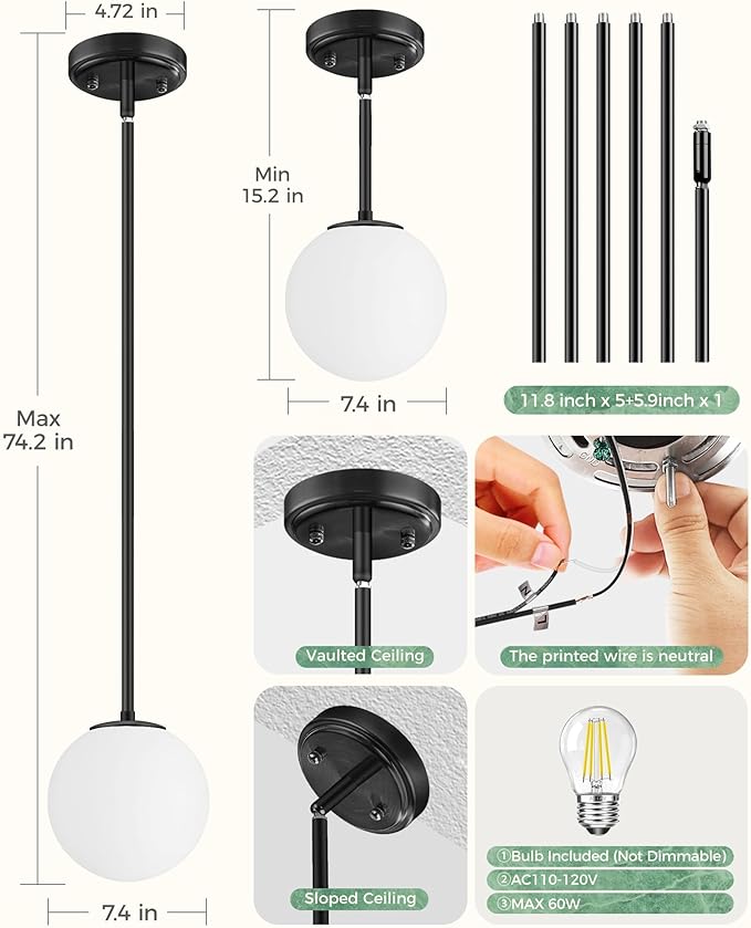 Majade Globe Pendant Lights Kitchen Island Mid Century Modern Pendant Light Fixtures 2 Pack 7.4 Inch Black Ceiling Lighting with Milk White Glass Shade Adjustable Hanging Light for Dining Room