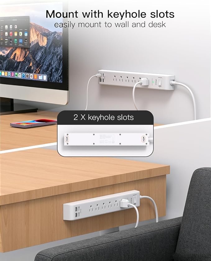 2 Pack Power Strip, 12FT Extension Cord, Surge Protector with 6 Outlets and 4 USB Ports (2 USB C), Extension Cord with Multiple Outlets, Flat Plug Overload Protection, Wall Mount for Home Dorm College