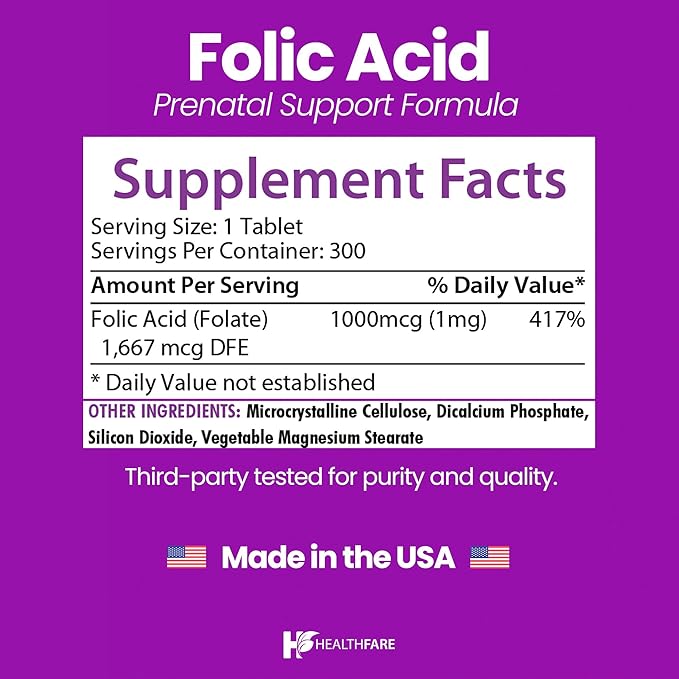 Healthfare Folic Acid 1000mcg | 300 Veg Tablets | Vitamin B9 | Gluten-Free | Non-GMO | Made in USA