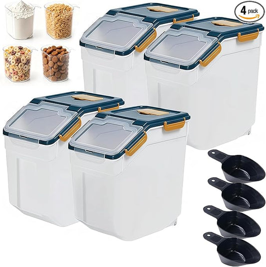 RUIAN Large Airtight Storage Container,25lb Flour Rice Storage Containers Bin with Wheels Seal Locking Lid, with Measuring Cup&Scoop for Flour, Rice, Grain (25lbt Blue,4PCS)