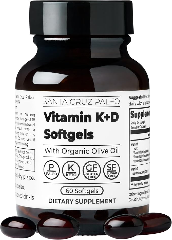 Gélules Santa Cruz Paleo Vitamine K2 + D3, complément quotidien avec de l'huile d'olive biologique, contient de la vitamine K1 et deux formes de K2, soutient la santé cardiaque et osseuse, sans gluten, sans sucre, paléo, céto, 60 unités