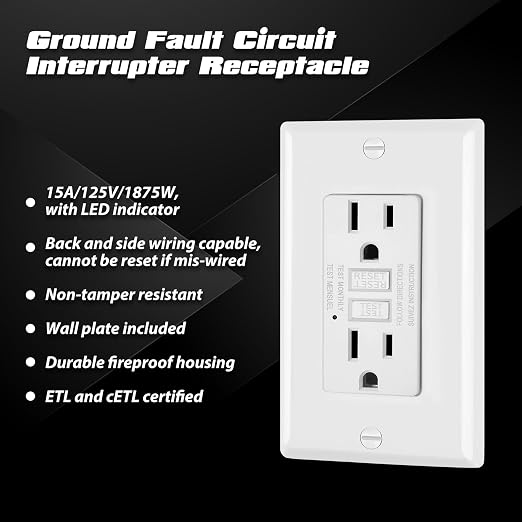 ELECTECK 5 Pack GFCI Outlets 15 Amp, Non-Tamper Resistant, Decor GFI Receptacles with LED Indicator, Ground Fault Circuit Interrupter, Wallplate Included, ETL Listed, White