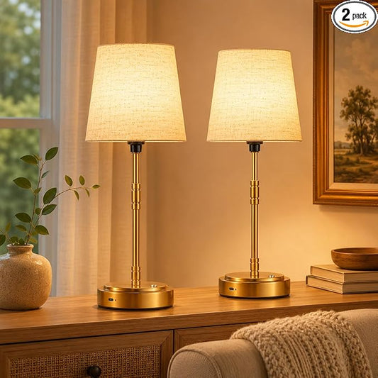 Cordless Table Lamps Set of 2 – Battery Operated Lamp with 7500mAh Rechargeable Battery, Stepless Dimmable Brushed Gold Lamps with Beige Shade, Wireless Lamps for Dining Room(Bulbs Included)