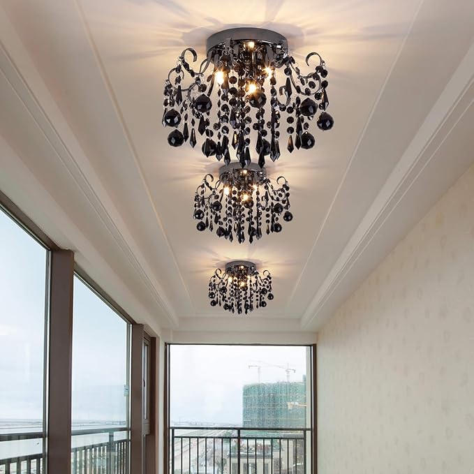 Q&S Crystal Ceiling Light Fixture Small Chandelier, Semi Ceiling Light Flush Mount, Mini Ceiling Fights for Bedroom, Aisle, Hallway, Closet,Entrance,Stairs,3 Lights E12