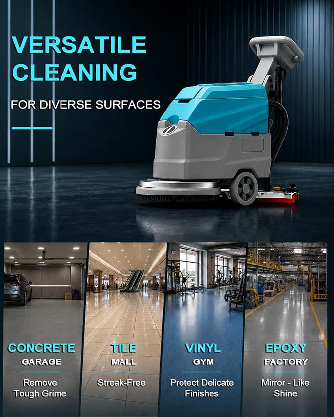 20" Brush Walk Behind Floor Scrubber Machine, 31.5" Squeegee, 12 Gallon Recovery Tank, Cordless Commercial Floor Cleaning Machine with 24V/65Ah Li-ion Battery, 23,140 sq.ft/h Efficiency
