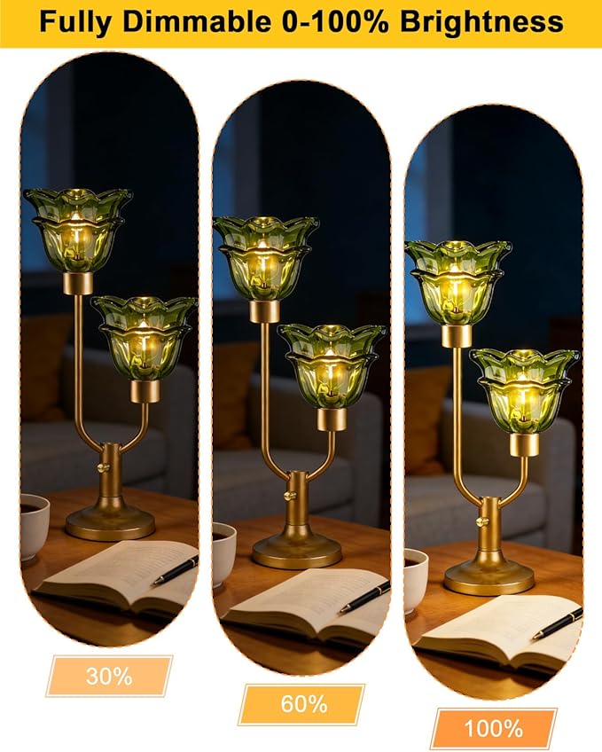 Lightdot Green Glass Flower Table Lamp Dimmable Nightstand Lamp Mid Century Modern Vintage Gold Desk Lamp 2 Bulbs Included Warmwhite Ambient Bedside Lamp for Living Room Bedroom Home Office Decor Gift