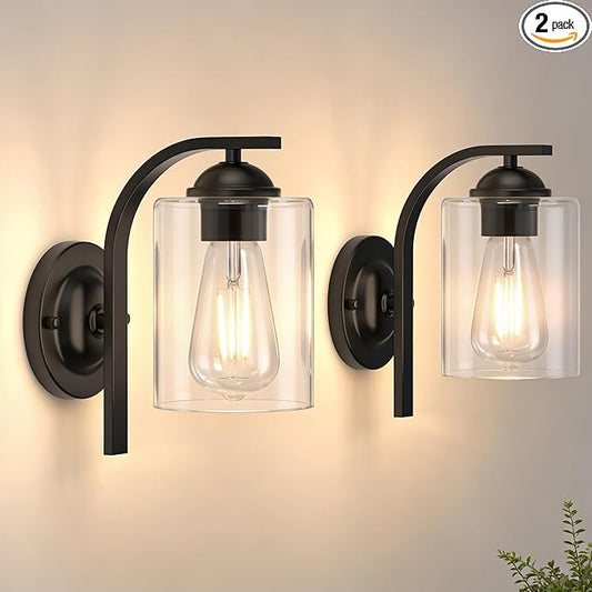 2-Pack Wall Sconces Lights Lamp for Bedroom Bathroom, Modern Vanity Light Fixtures, Black Farmhouse Wall Mount Lighting Lanterns with Clear Glass Shade for Living Room Mirror Hallway Kitchen