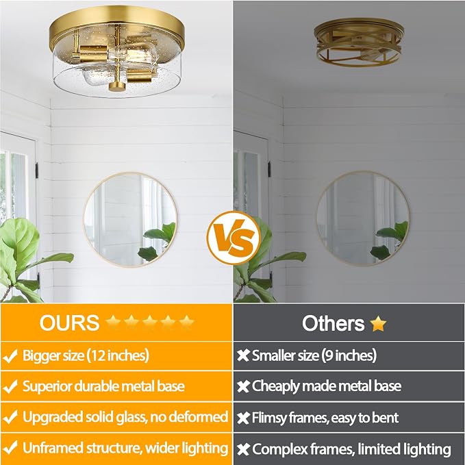 Flush Mount Ceiling Light Fixtures, 2-Light Gold Ceiling Mount for Farmhouse with Seeded Glass Lampshade, Industrial Flush Mount Light Fixture Farmhouse for Hallway, Kitchen, Entryway and Foyer
