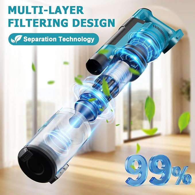 700W Cordless Vacuum Cleaner, 60kPa Portable Stick Vacuum with 3 Modes, 2 * 4.0Ah, 6 in 1 Brushless Motor for Floor, Carpet, Car, Teal and Black