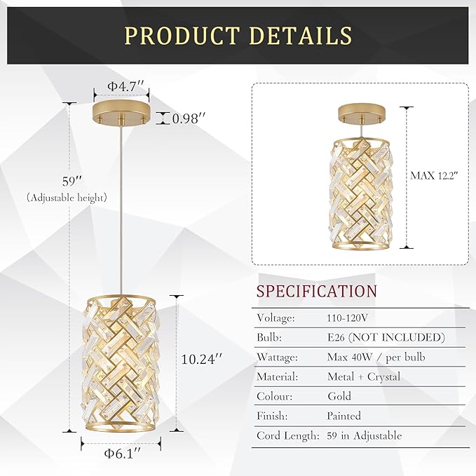 CATINER 1-Light Gold Crystal Pendant Light, Mini Ceiling Hanging Light Fixture with K9 Prisms for Kitchen Island, Bathroom, Bedroom, or Bar