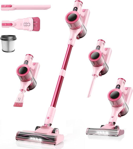 Dzaki Cordless Stick Vacuum Cleaner, 50KPa Brushless Motor Vacuum with Anti-Tangle, LED Display, 55-Min Runtime & Detachable Battery for Pet Hair, Carpet & Hardwood Floors (Cranberry)