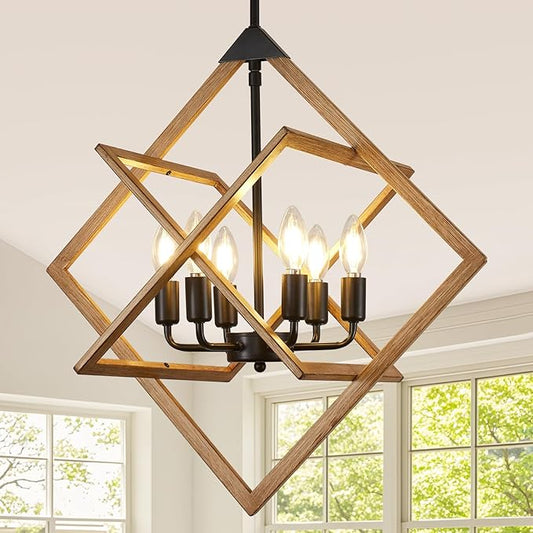 Modern Chandelier for Dining Room (24",6-Light), No Assembly Required Wood Grain Dining Room Light Fixture Over Table, Industrial Hanging Pendant Lights Fixture for Kitchen Island, Entryway, Foyer